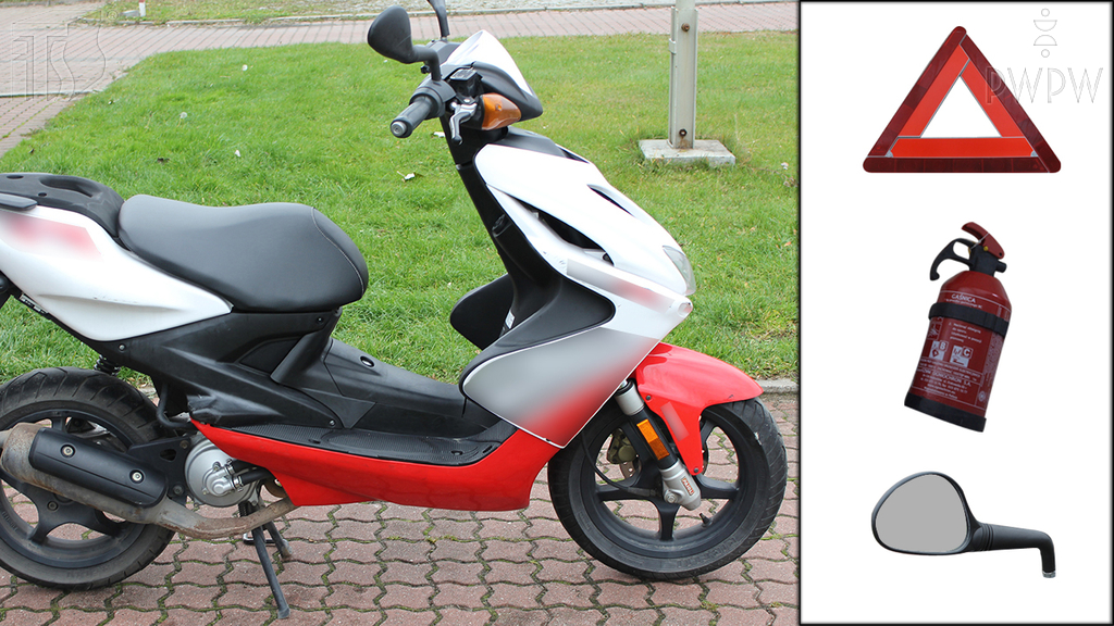 Sytuacja drogowa — pytanie 6510: Który z wymienionych elementów jest obowiązkowym wyposażeniem motoroweru?