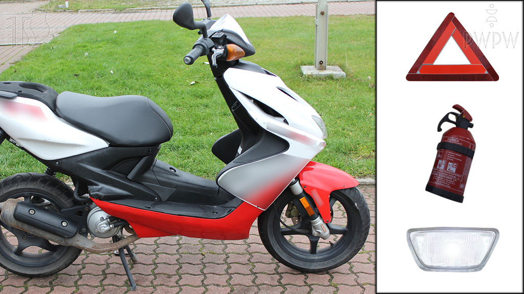 Sytuacja drogowa — pytanie 6513: Który z wymienionych elementów jest obowiązkowym wyposażeniem motoroweru?