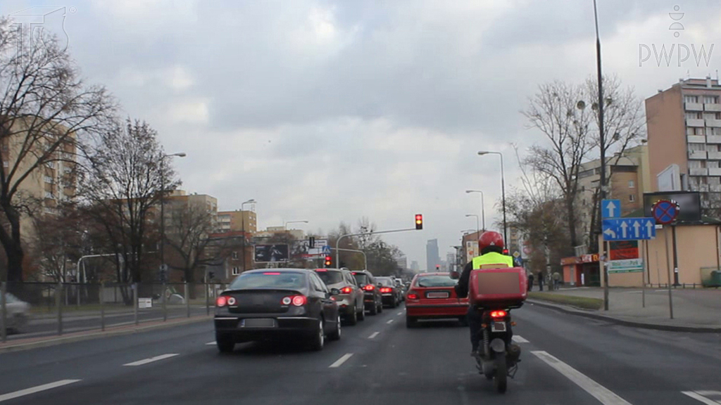 Sytuacja drogowa — pytanie 6529: Jaki czynnik powinieneś w szczególności uwzględnić kierując motorowerem, aby zachować bezpieczny odstęp od poprzedzającego pojazdu?