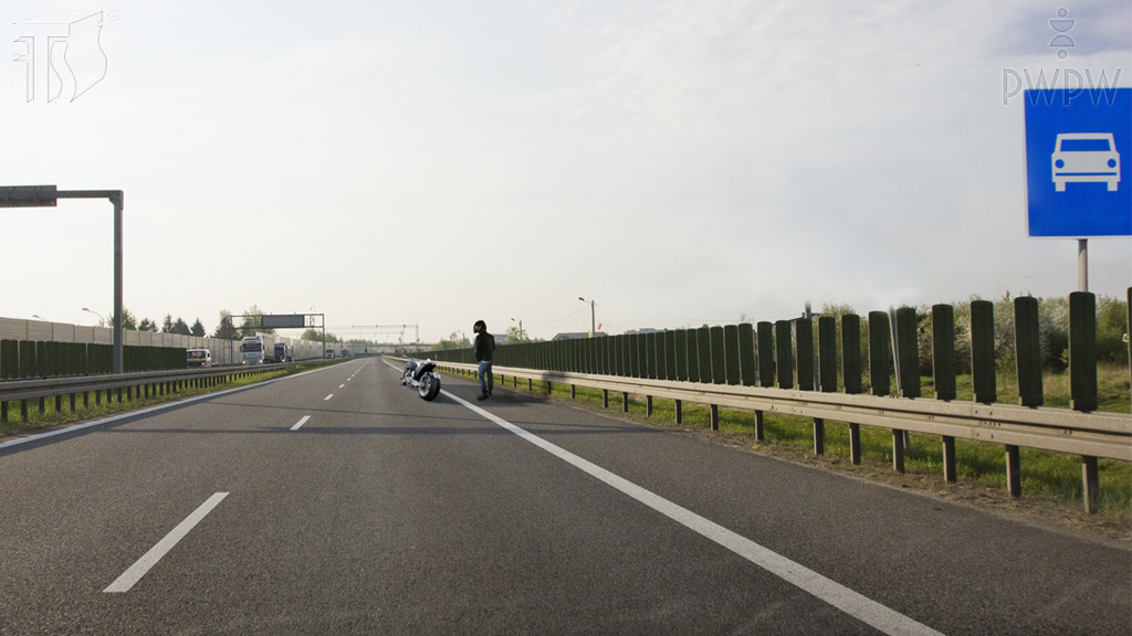 Sytuacja drogowa — pytanie 1264: Czy w tej sytuacji masz obowiązek przestawić uszkodzony motocykl na pas awaryjny?