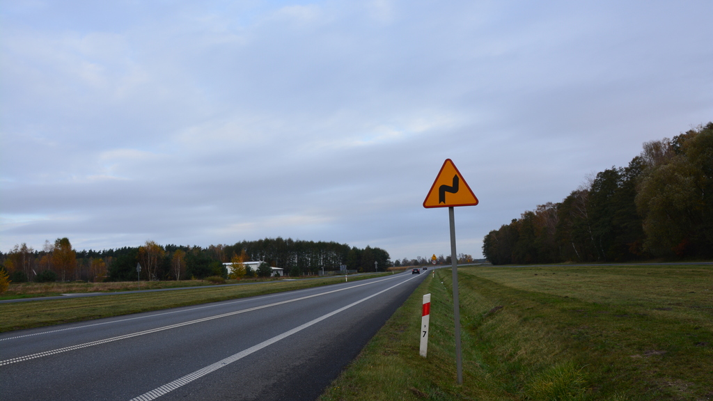 Sytuacja drogowa — pytanie 11132: Czy widoczny znak ostrzega o dwóch niebezpiecznych zakrętach, z których pierwszy jest w prawo, a drugi w lewo?
